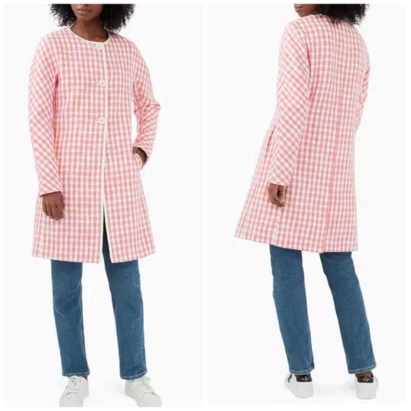 Kate Spade Gingham Tweed A-Line Button Front Collarless Coat Jacket - Picture 1 of 8
